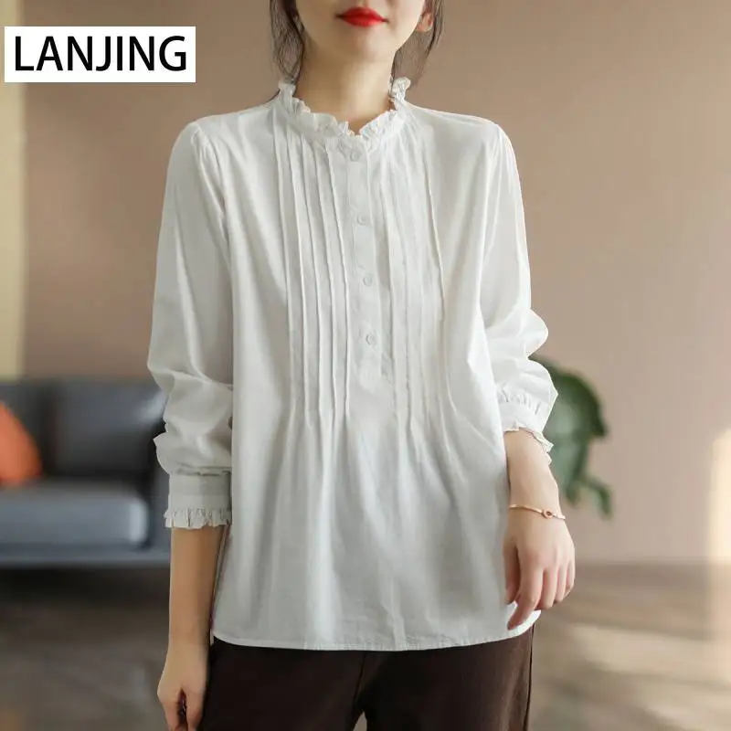 

Shirt women's design sense niche 2022 spring new cotton pullover long-sleeved shirt women's retro literary loose