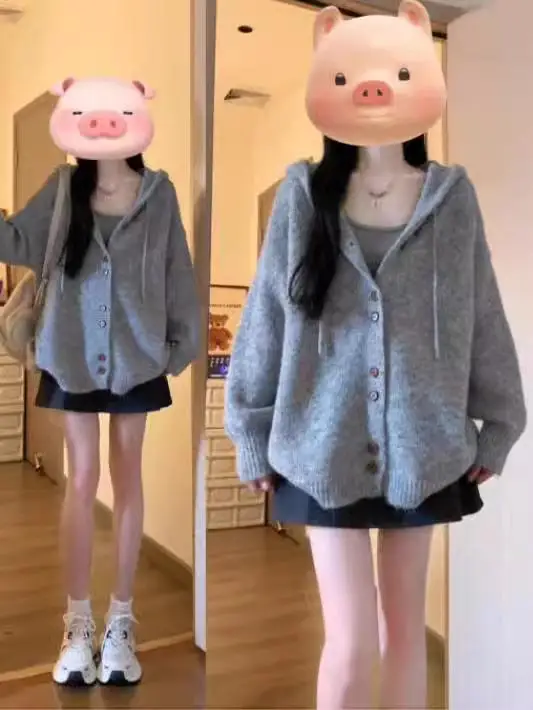 Gray Hood Sweater Cardigan Outerwear Women Autumn and Winter Korean Series Wear Oversize Idle Sle Knit Top
