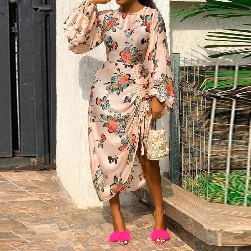 

Commute Fashion Lantern Sleeve Print Robe Round Neck Women Elegant Party Dress Female Casual Side Tie-up Draped Split Long Dress