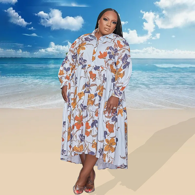 

Womens Plus Size Dresses Long Sleeve Turn-down Neck Big Swing Shirt Smock Elegant Dresses for Women Vestido