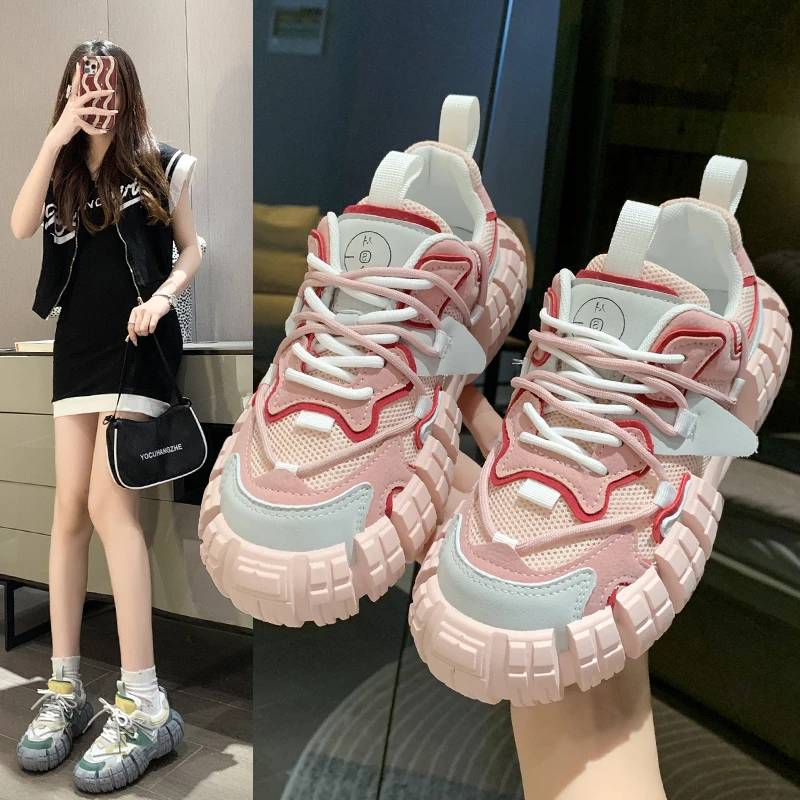 

2023 New Fashion Mesh Lace Up Women's Sport Shoes with Anti Slip and Durable High Quality Rubber Sole Platform Female Sneakers