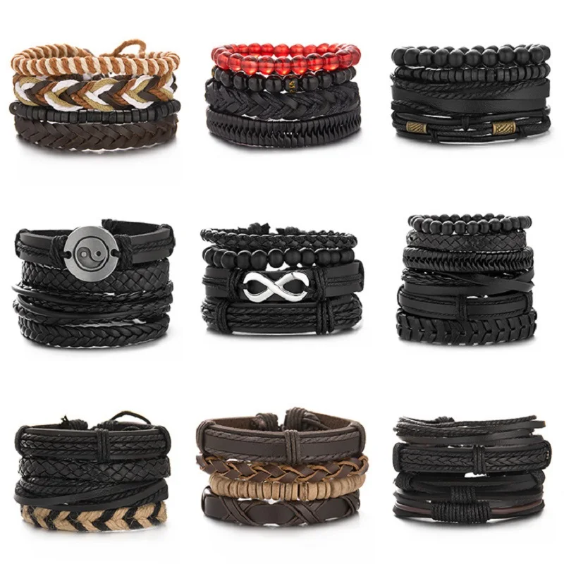 

5PCS Vinatge Gothic Punk Multilayer Leather Bracelet Men Vintage Braided Weave Charm Bracelets Bangles Wristbands Jewelry