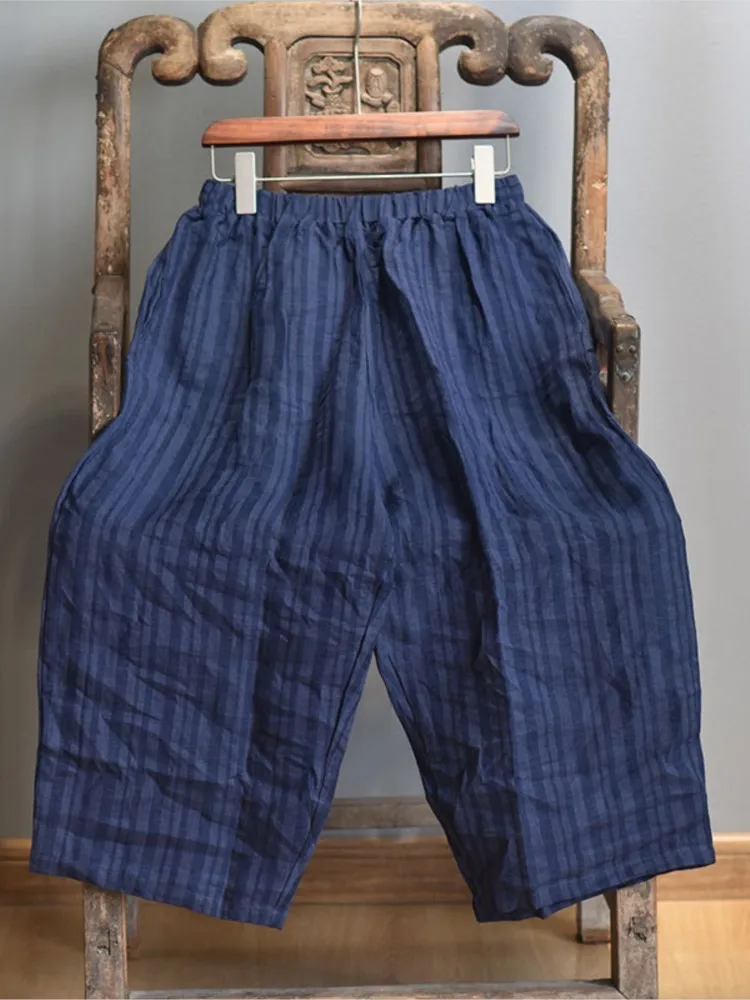 Брюки женские льняные с поясом на резинке свободные винтажные клетчатые брюки