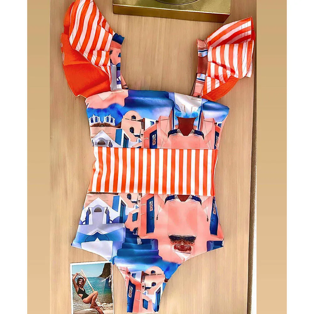 

Новинка 2022, Цельный купальник с высокой талией и ремешками, женский купальник в европейском и американском стиле с полосками и строченным п...