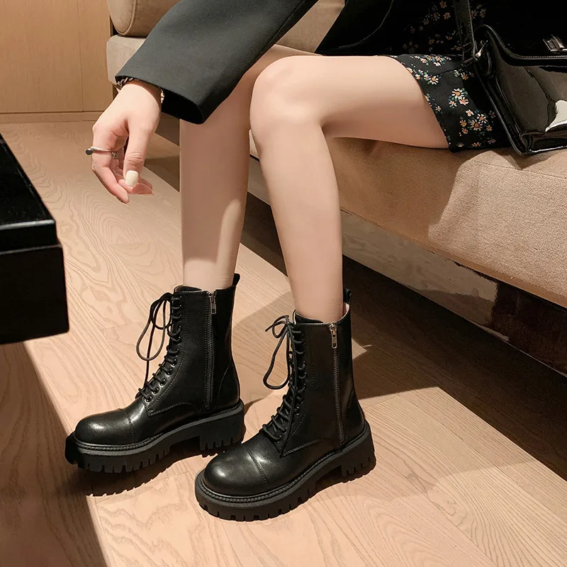 Женские ботильоны с перекрестной шнуровкой FEDONAS черные мотоботинки из