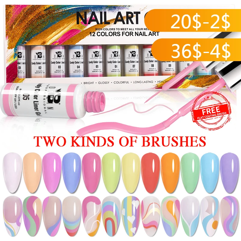 

BOZLIN 12 Colors Candy Color Liner Gel Kit Pastel Gel Polish Nail Art Design UV/LED Painting Nail Drawing Polish DIY Varnish