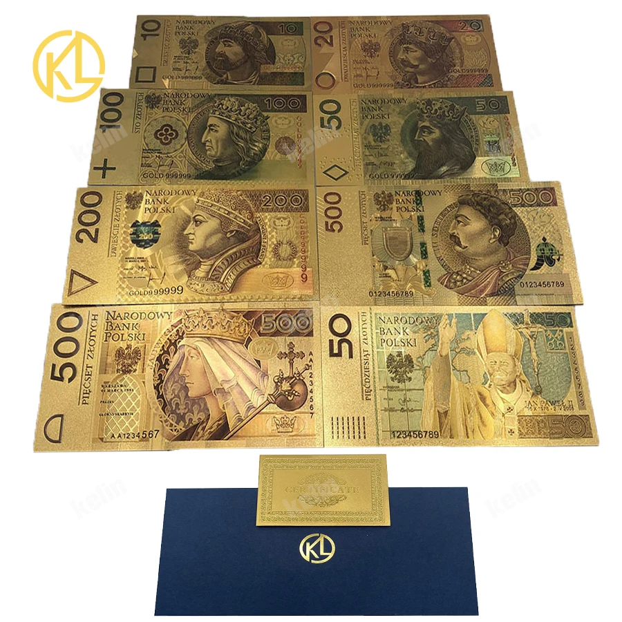 

HOT 8 Designs Colored Gold Foil Polish Banknote Set 50 100 200 500 PLN for Partriotism Crafts Collection