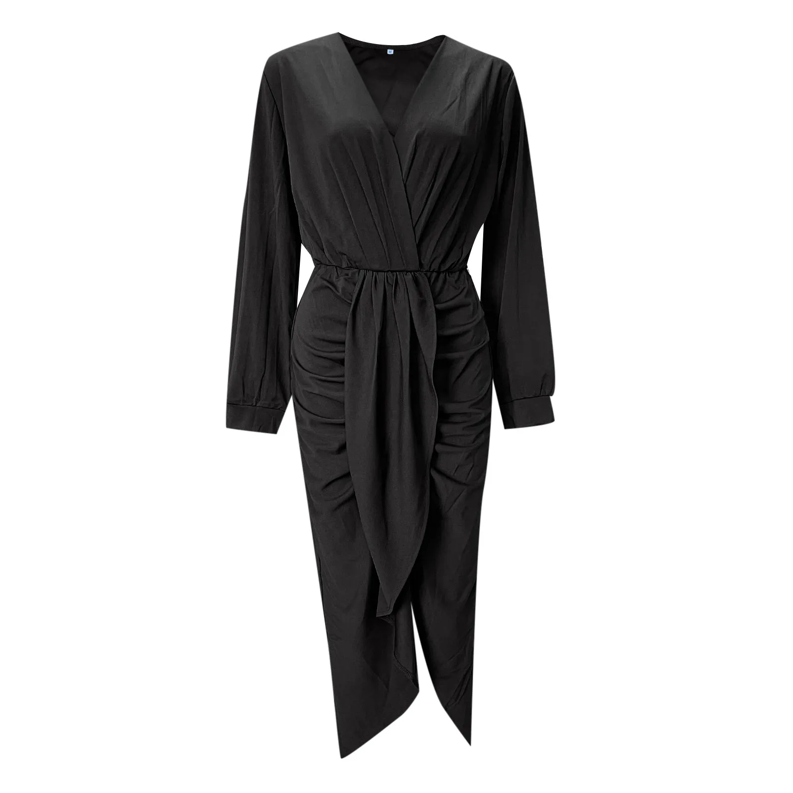 

Women Solid Cocktail Party Dress Sexy Deep V Neck Slim Waist Wrap Hip Split Hem Dresses Elegant Office Lady Ruched Midi Dress