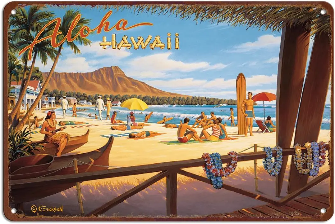 Винтажная гавайская жестяная вывеска Pacifica Island Art 8 x 12 дюймов — Алоха Гавайи от Kerne