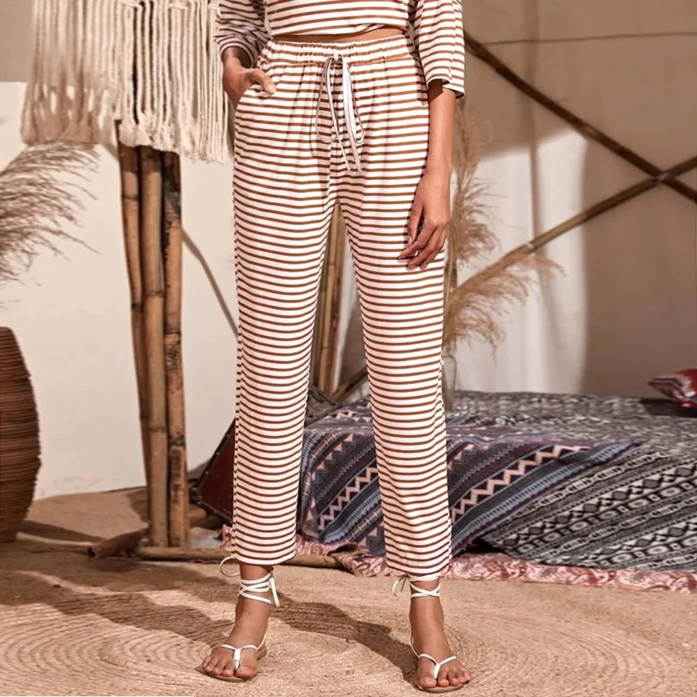 

Casual Home Striped Loose Straight Cropped Pants Women's 2021 New Women's Bottoms European and American Ins Hot