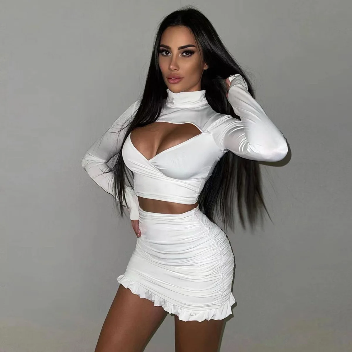 

European American Summer New Sexy Women's Hollowed-Out Long-Sleeved Buttock Skirt Pleated Exposed Navel Two-Piece Set