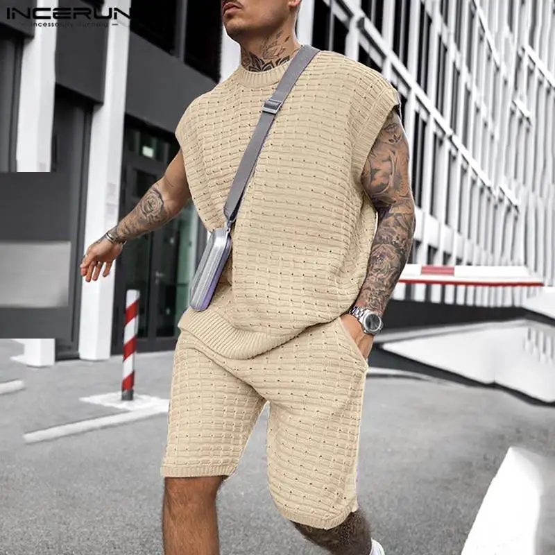 

INCERUN Men Casual Sets Solid Color Summer O-neck Sleeveless Tank Tops & Shorts 2PCS Streetwear Vacation 2023 Men Suits S-5XL