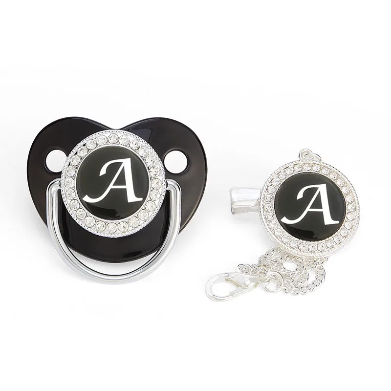 

Black Silver 26 Initial Letter Luxury Baby Pacifier with Chain Clip Newborn BPA Free Bling Dummy Soother Chupete 0-12 Months