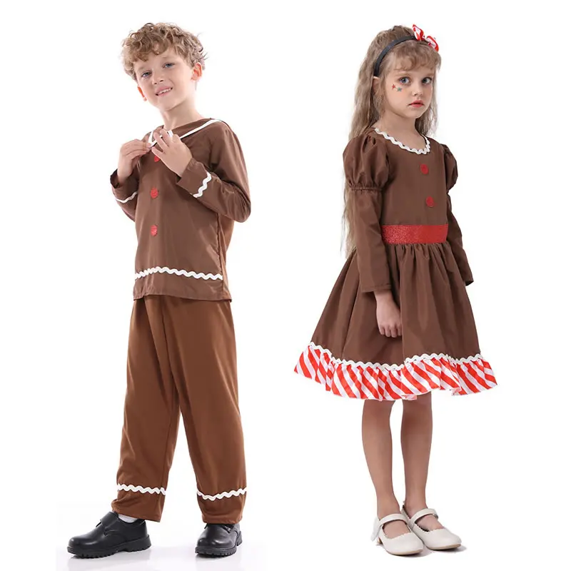 Christmas Costume For Boy Girl Clothes Gingerbread Xmas Kid Dress Child Top+Pant 2pc Set Outfit