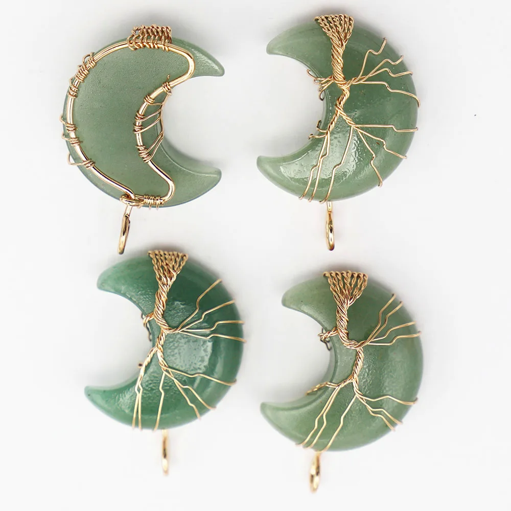 Natural Crystal Moon Life Tree Handmade Copper Wire Wound Pendant Necklace Reiki Healing Green Crescent Jewelry Wholesale3Pc/Lot