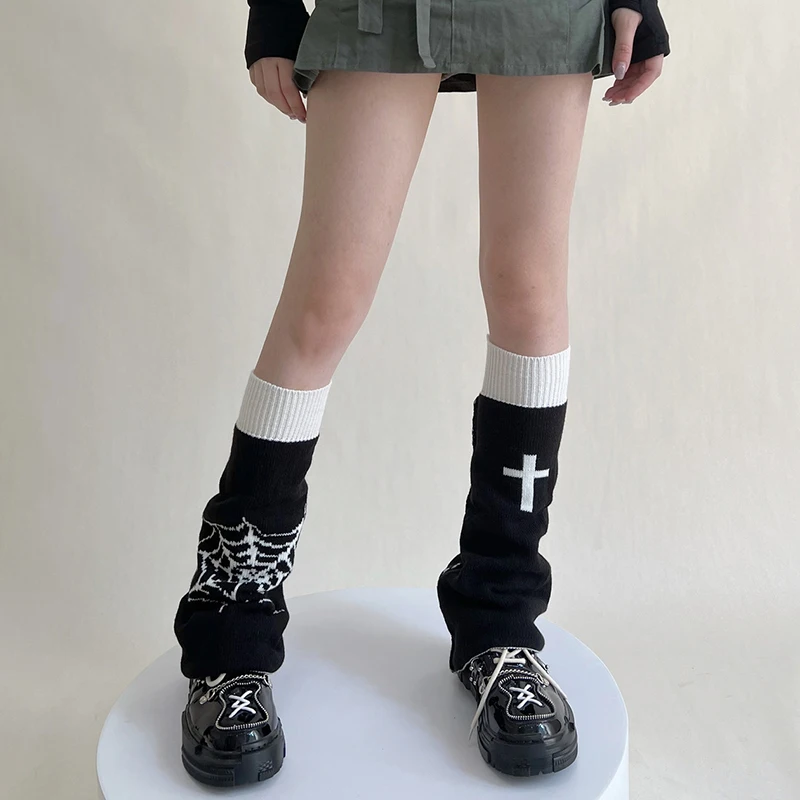 

Female 2 Ways Wear Gothic Knit Leg Warmers Y2K Girl Cobweb Cross Cool Street Leg Warmer Dark Goth Harajuku Long Knitted Sock