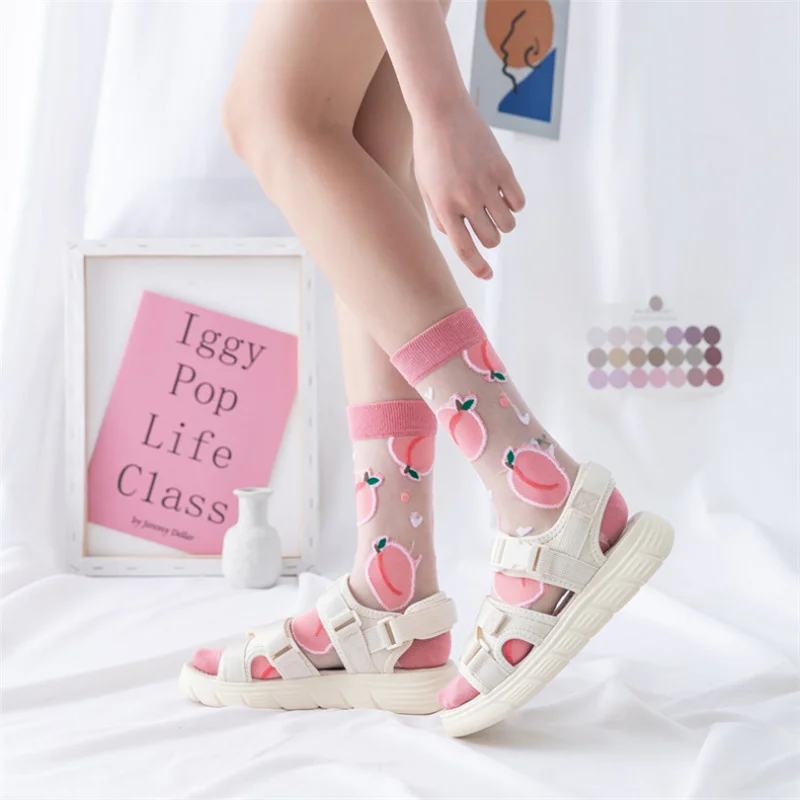 Women students Korea Style Animal Casual Harajuku Transparent Crystal Silk Trend Cartoon Fruit Breathable Glass Silk Socks Meias