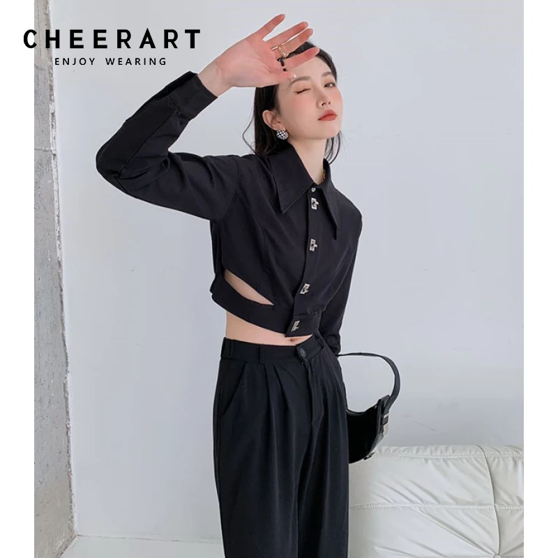 

CHEERART 2022 Fashion Women Cropped Shirt Cut Out Black Green Button Up Collared Shirt Blouse Long Sleeve Designer Top Clothing