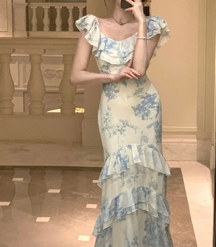 

Stylish Vintage Ruffles Women V-neck Sleeveless Printed Bodycon Dress Elegant Chic Ladies Slim Waist Mermaid Dress Summer S842C