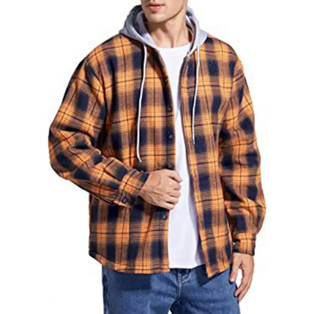 

Winter Men Jacket Plaid Buttoned Coldproof Loose Plush Lining Hooded Jacket Outwear for Outdoor