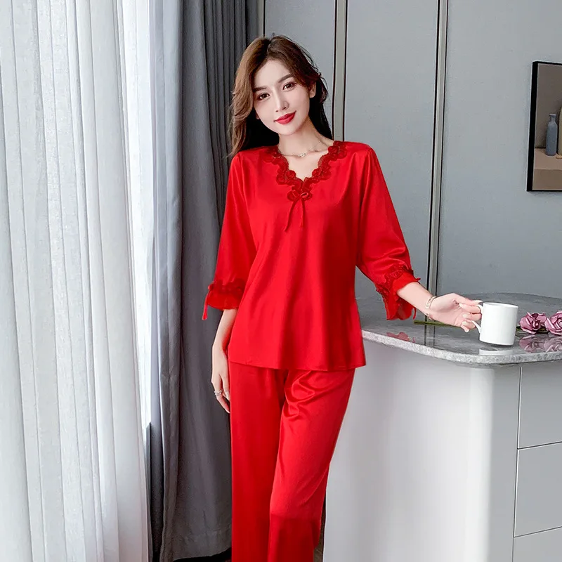 Silk Women's Pajama Set 2 Pieces Lace V Neck Solid Summer Spring Ladies Satin Sleepwear Long Sleeve Pyjama Suit For Female