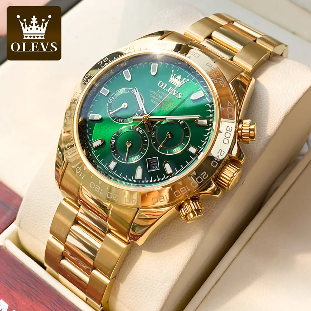 

OLEVS Top Brand Stainless Steel Men Watches Automatic Chronograph Gold Bezel Waterproof Luminous Watch Date relógio masculino