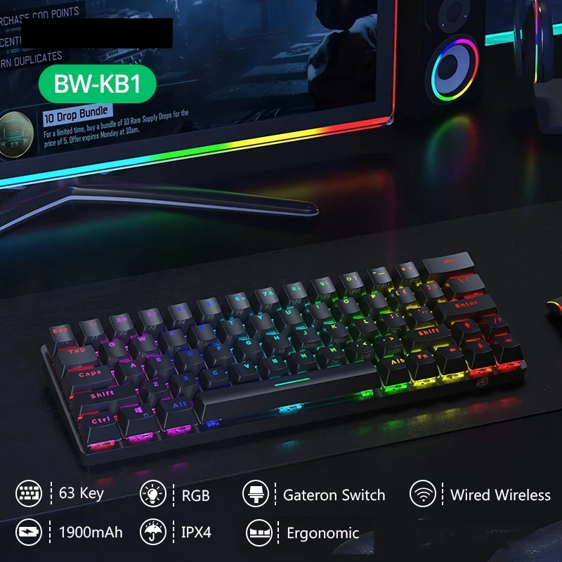 

Беспроводная bluetooth-клавиатура BlitzWolf BW-KB1, черная клавиатура Gateron, RGB, 63 клавиши