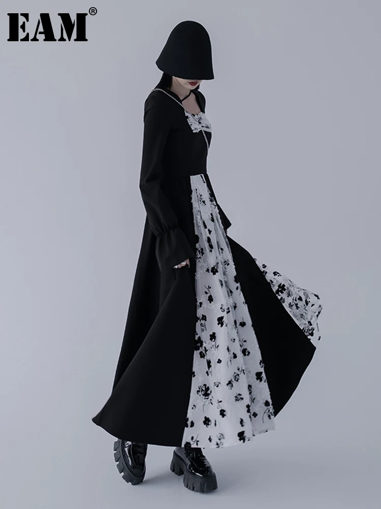 

[EAM] Women White Printed Big Size Long Dress New Square Collar Long Sleeve Loose Fit Fashion Tide Spring Autumn 2022 1DE6554