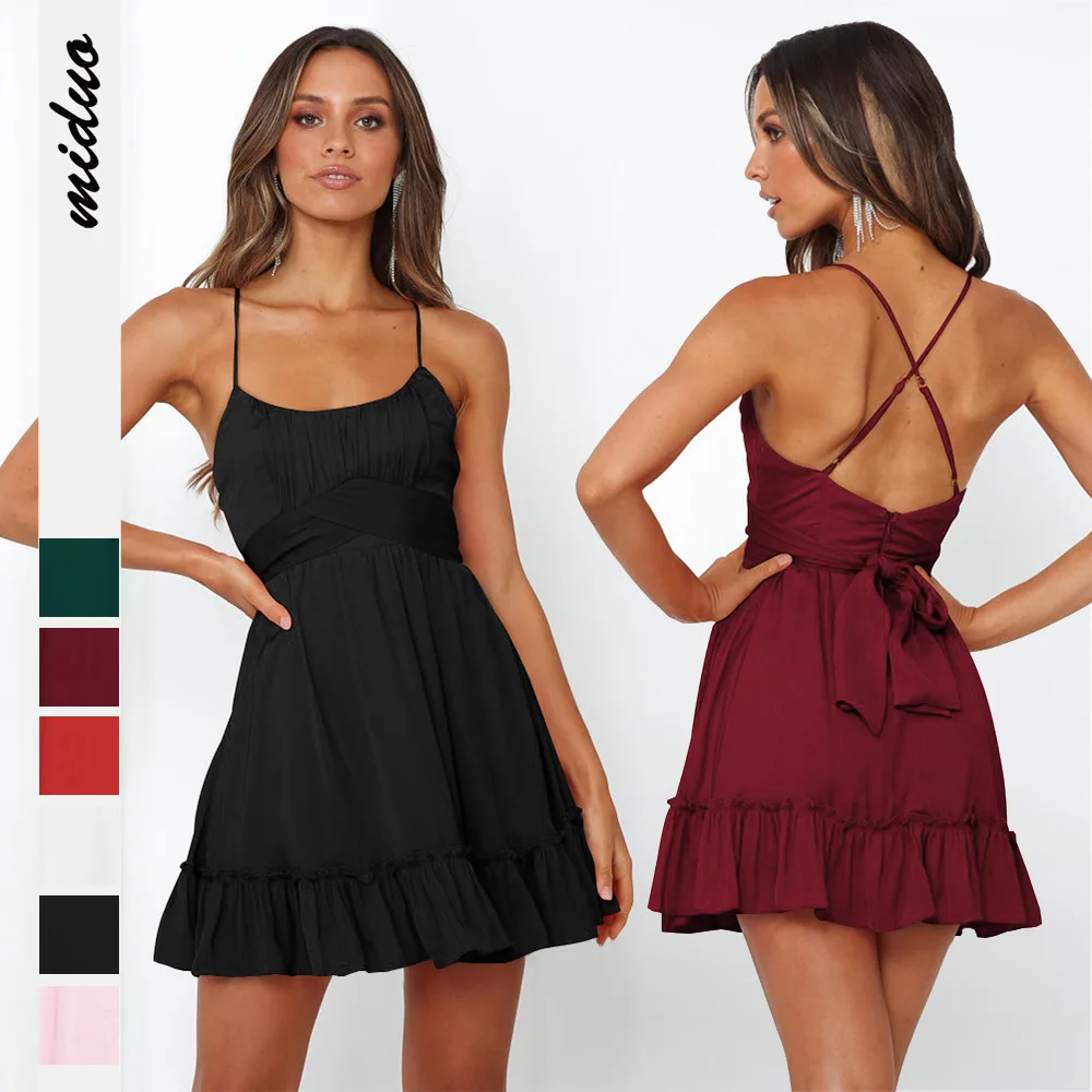 

Summer European and American Style Sexy Women's Wear Strap Backless Ruffled Dress Fashion Fashion Brand Skirt New Vintage