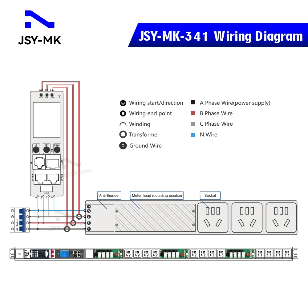 Фото JSY-MK-341 Трехфазный интеллектуальный IP-измеритель PDU с 3*63A 3*220V Ethernet RS485 Порты температуры и влажности №4