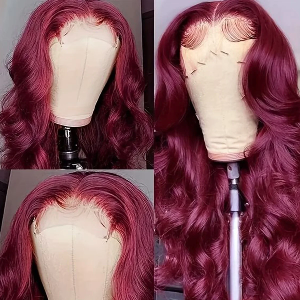 99j Парик Из Натуральных Волос 180 Плотность Темно-бордовый Объемная Волна