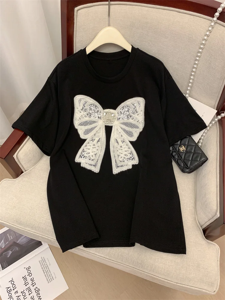 Женская футболка с коротким рукавом и бантом из натурального хлопка