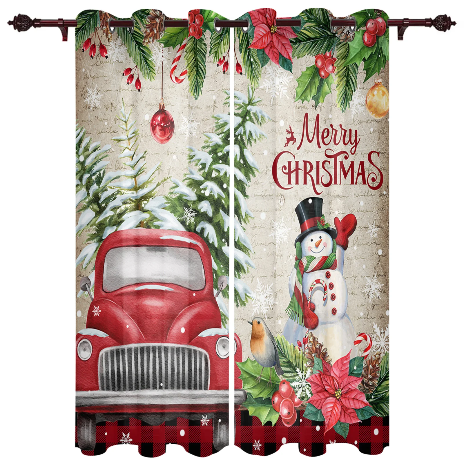 

Рождественская занавеска для окон с изображением снеговика, грузовика Пуансетии, Рождественская домашняя декоративная занавеска для гост...