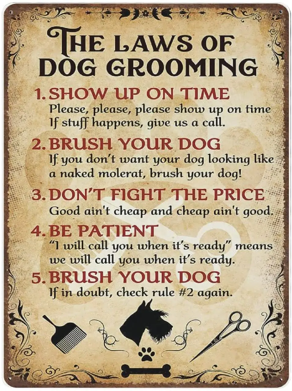 

Retro Metal Novelty Poster Iron Painting The Laws of Dog Grooming Dog Groomer Tin Sign Gift for Dog Groomer Wall Decoration