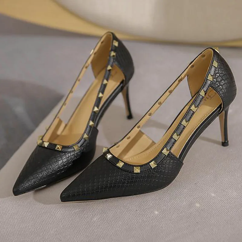 

Женские туфли-лодочки из змеиной кожи, с заостренным носком, с заклепками, черные, 38, 39, 40, 7,5 см