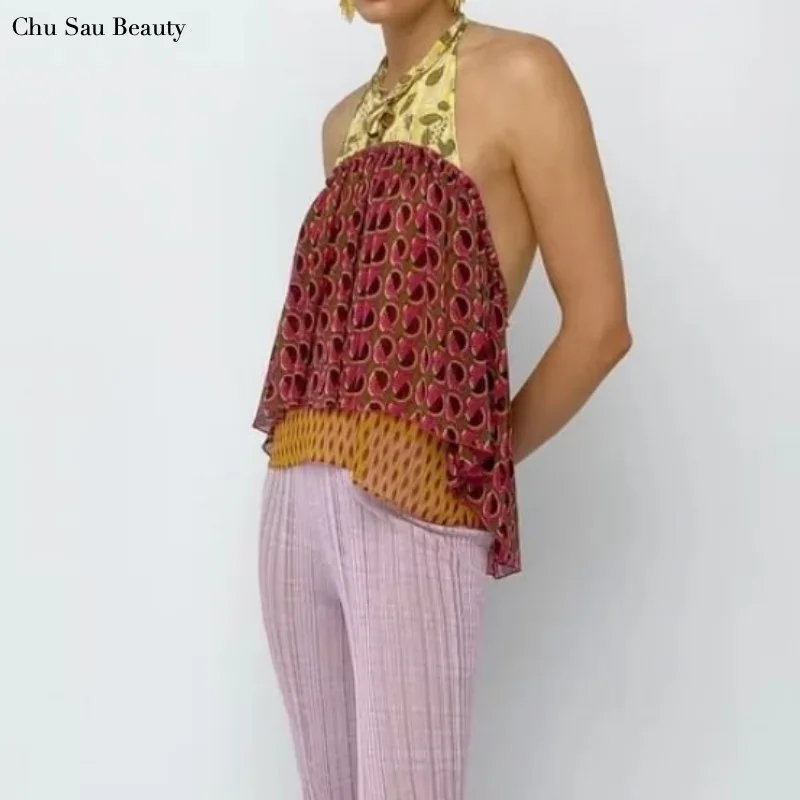

2022 New Za Women Printed Halter Collar Top Fashion Sleeveless Contrast Patchwork Short Top Sexy Backless Holiday Style