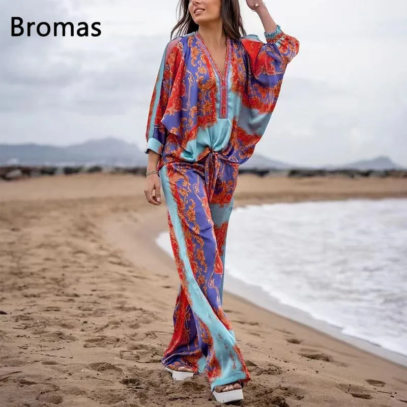 

Модные Винтажные комплекты брюк с этническим принтом, подходящие комплекты с принтом в стиле бохо, Женский Топ с длинным рукавом Брюки с эла...