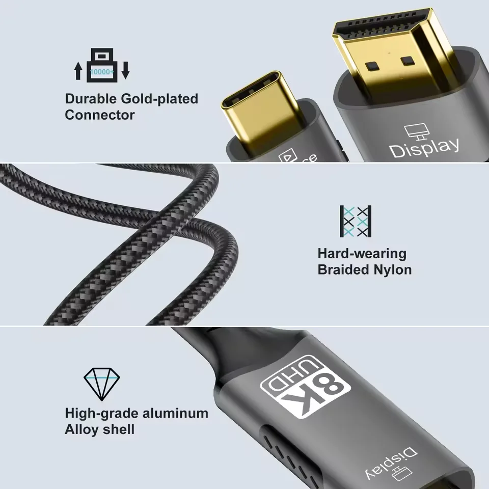 Фото 8K@60 Гц USB C-HDMI-совместимый кабель 4K@120 Гц Тип C-HDMI 2.1 Шнур для ТВ-конвертера Thunderbolt 3/4 MacBook, iPad, Samsung №2