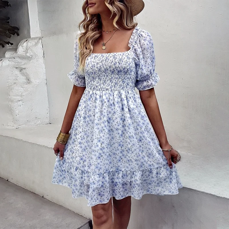 

Elegant Floral Print Dresses Women Summer Dress 2022 New Rustic Sweet Folds Slim Short Puff Sleeve Ruffle Hem Lined Mini Dress