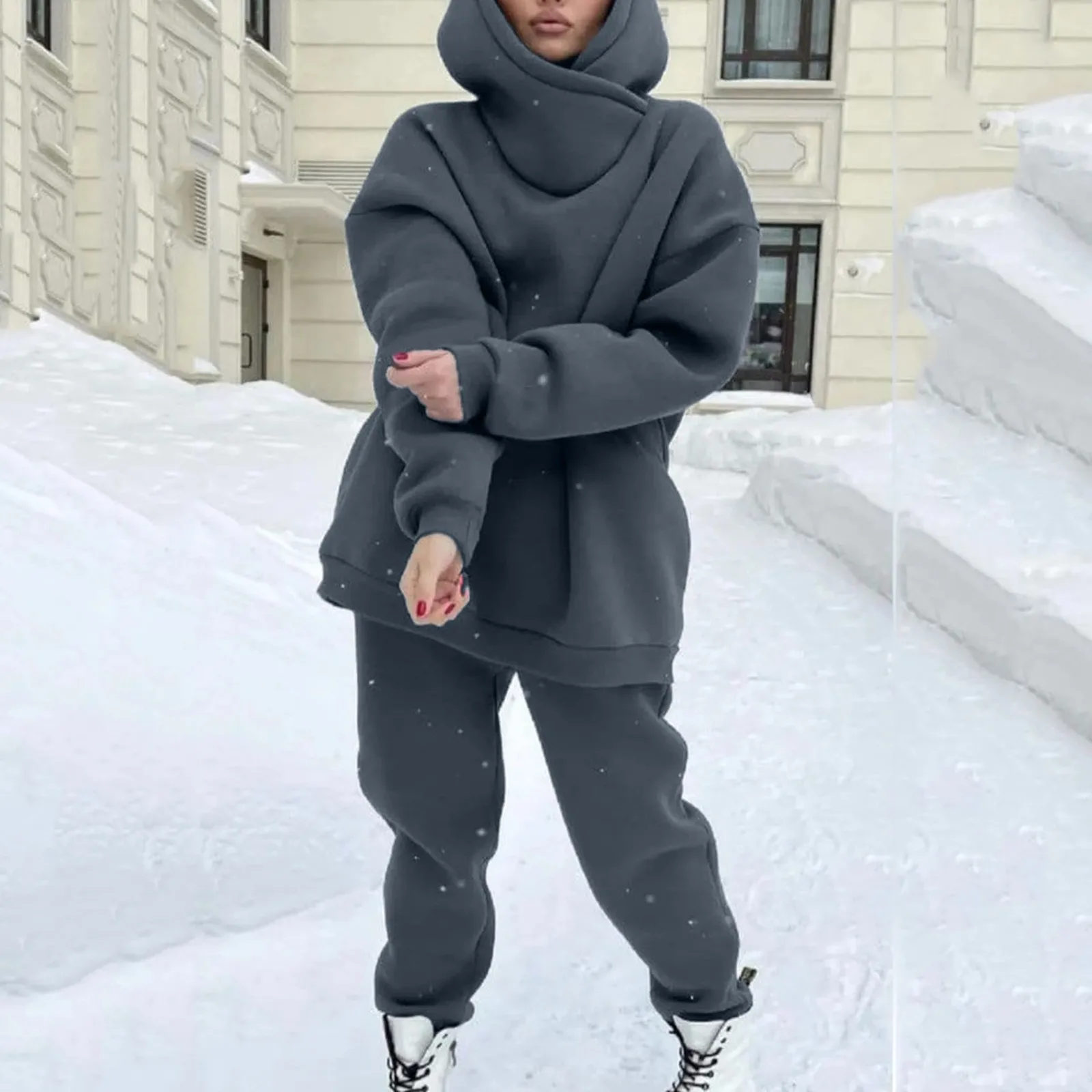 

Утепленный спортивный костюм из 2 предметов, Женский комплект из пуловера с капюшоном и брюк, зимняя спортивная одежда с длинным рукавом для снегохода, комплекты одежды