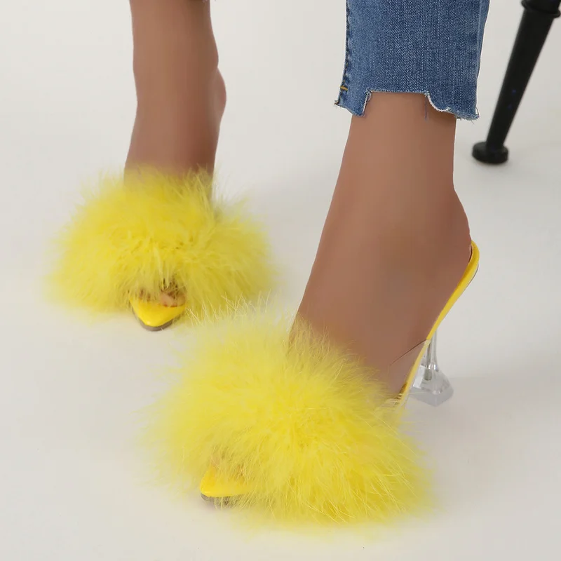 

Туфли женские с острым носком, пикантные меховые шлепанцы, сандалии для ночного клуба, модная дизайнерская обувь из прозрачного перспекса н...