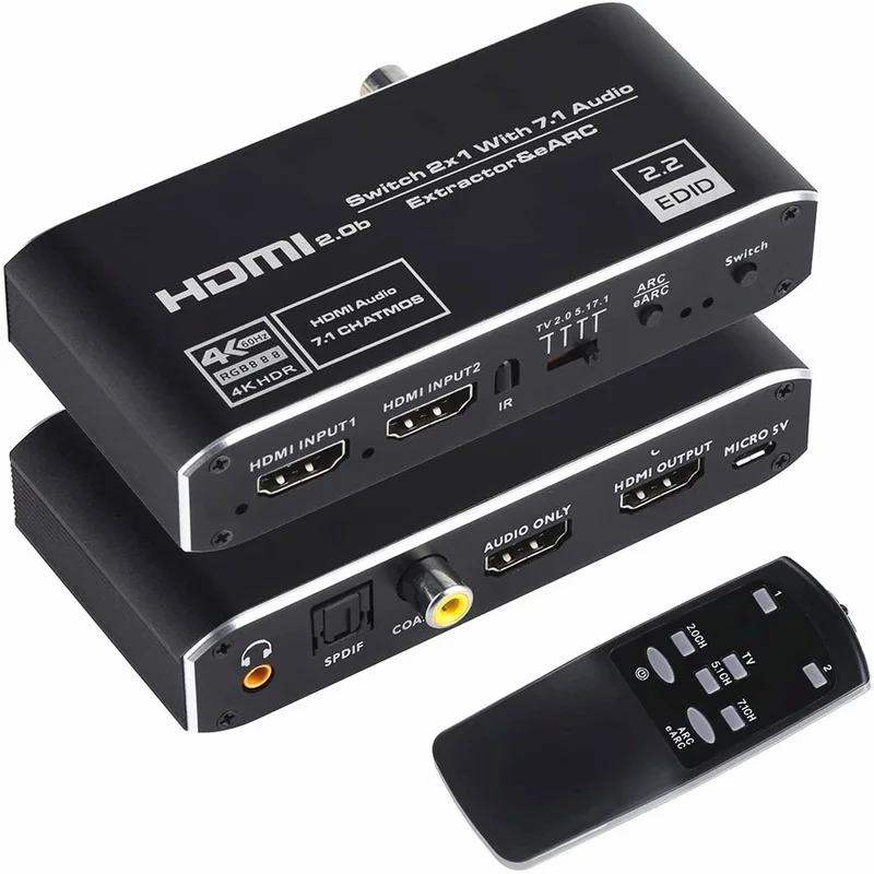 

HDMI-compatible Audio Extractor, 2x1 2.0 Switcher 4k60hz Switcher EARC Supports 3D, ARC and Optical Toslink HDR Switcher for PS3