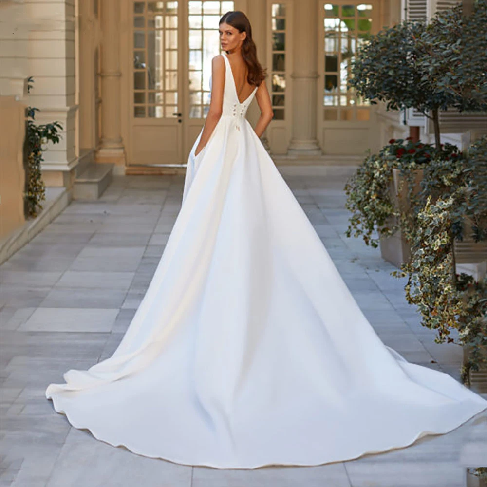 

Новинка 2023, свадебные платья V-Lack без рукавов, с открытой спиной, из мягкого атласа, с двумя карманами, свадебные наряды, свадебное платье на заказ