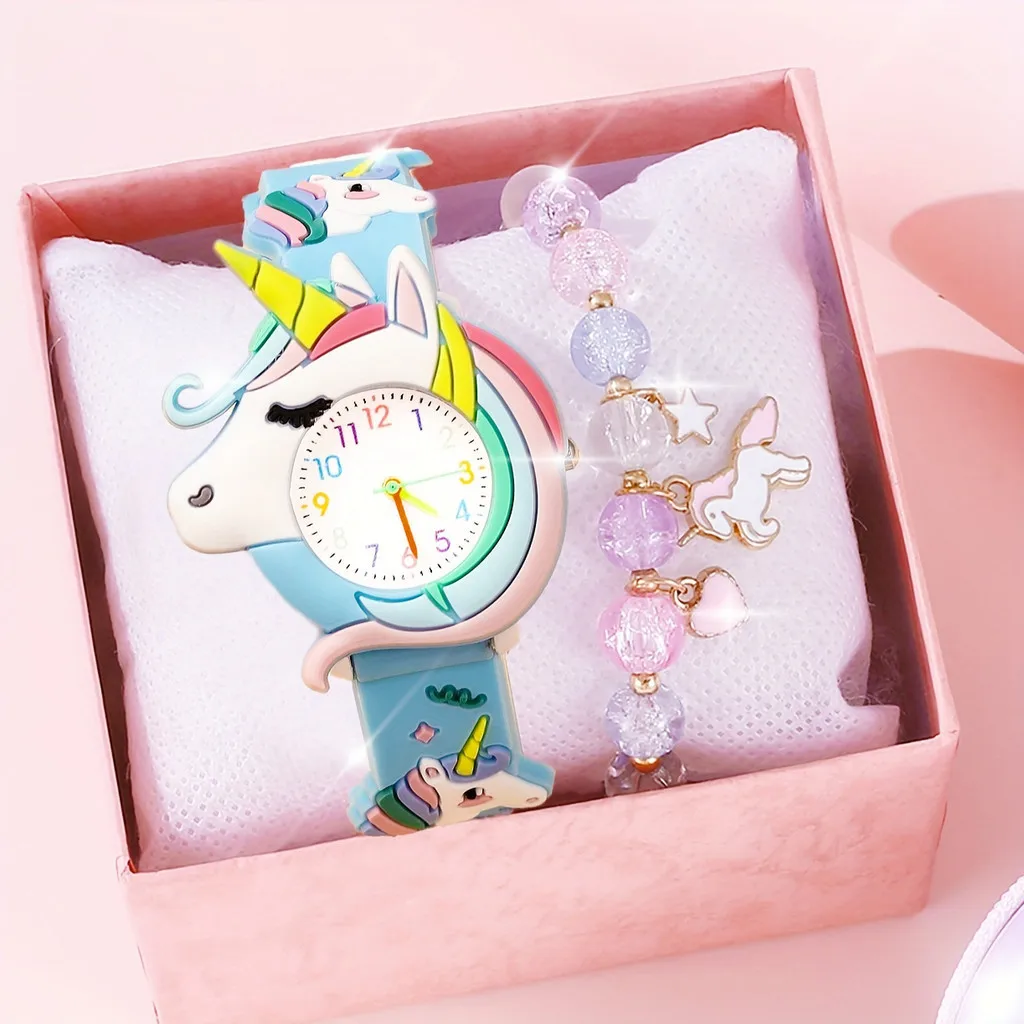 [Часы + браслет] Новый детский набор с мультяшным рисунком единорога для