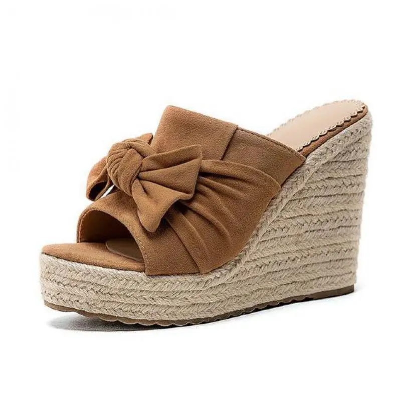 

Сандалии женские летние на танкетке, босоножки на высоком каблуке 11 см, с открытым носком, с бантом, каблук-шпилька, 32-43