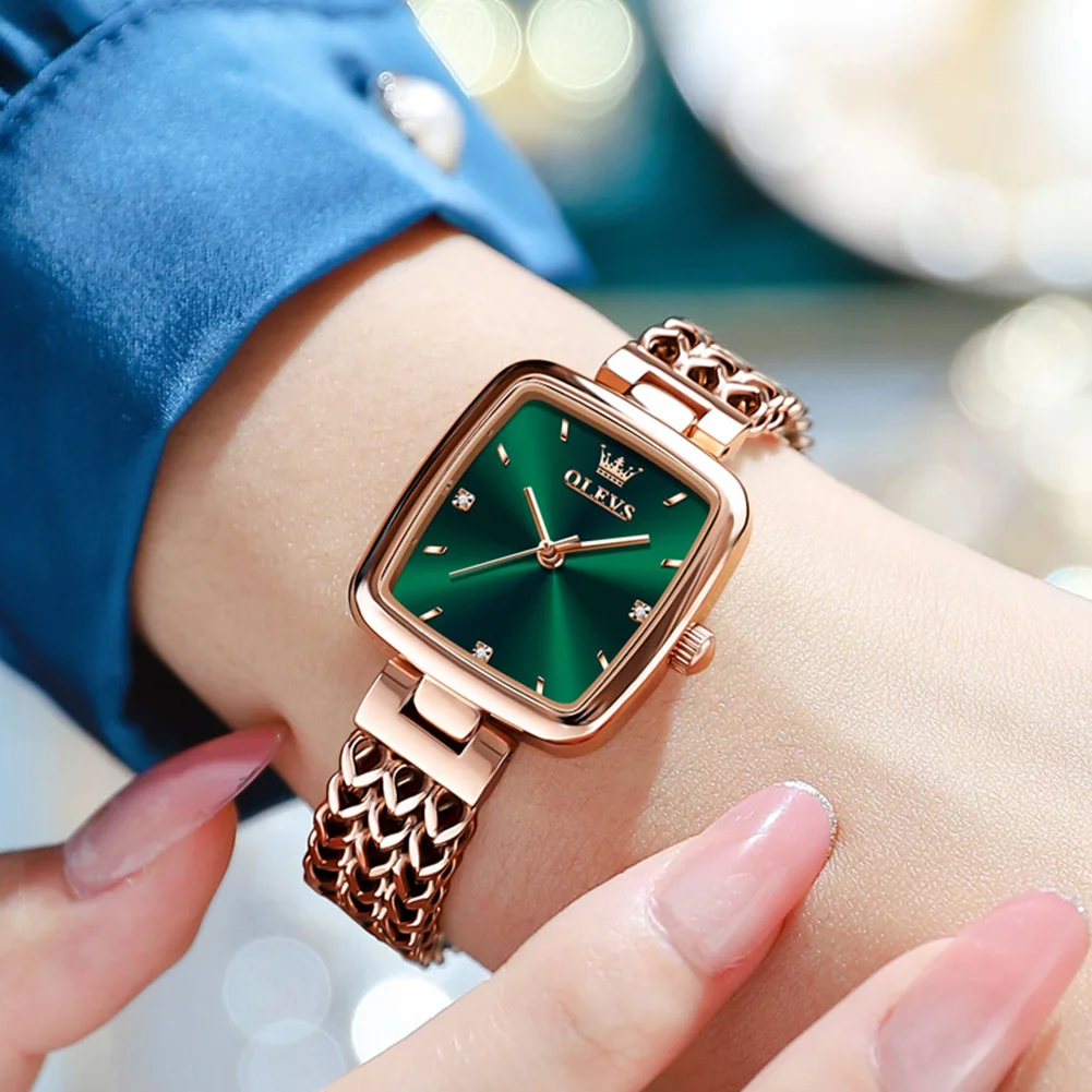 OLEVS Original Watch for Women with Bracelet Waterproof Square Rose Gold Colur Stainless Steel Elegant Quartz Ladies Watches