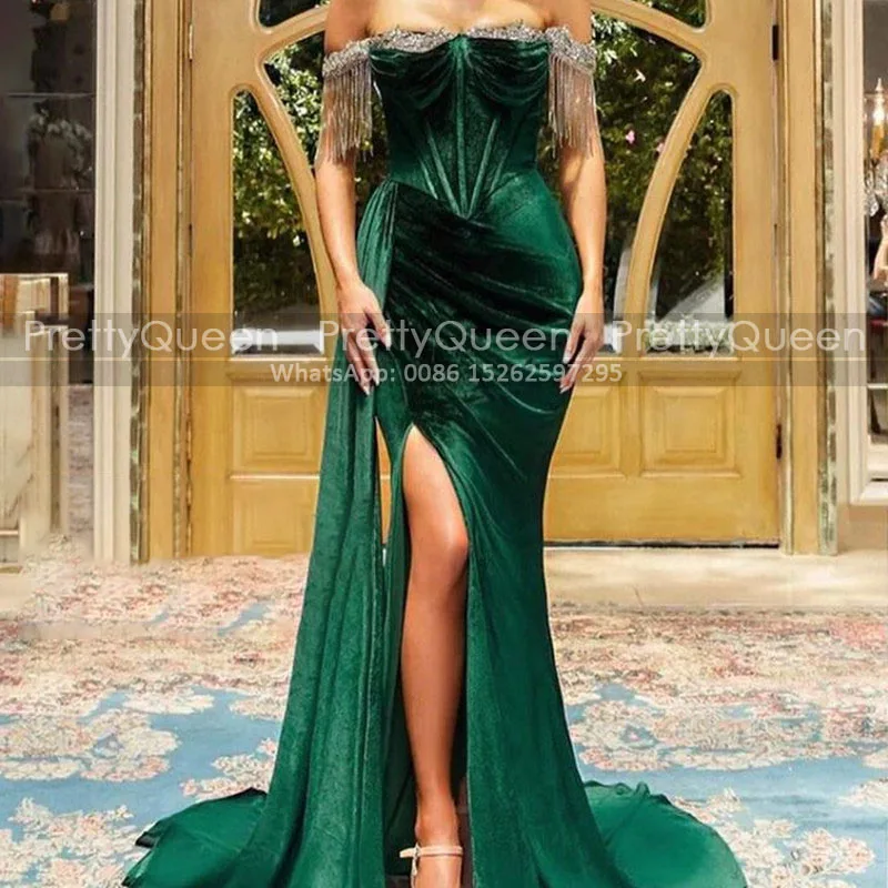 

Beads Tassel Off Shoulder Prom Dresses With Streamer Mermaid Side Slit Green Velvet Long Red Carpet Celebrity Dress Party