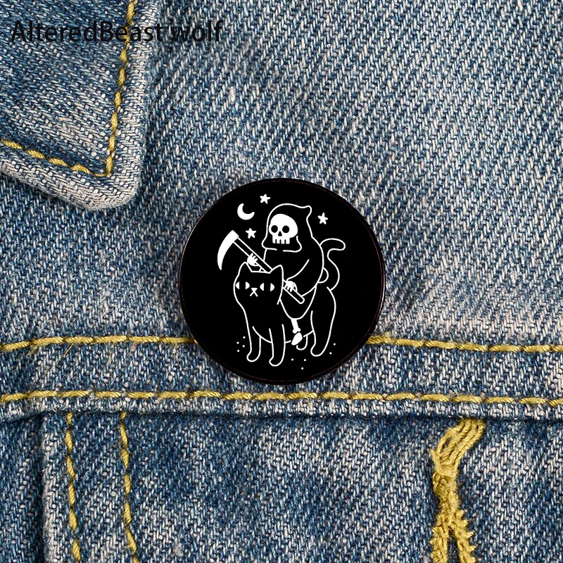 

Death and Black Cat Printed Pin Custom Funny Brooches Shirt Lapel Bag Cute Badge Cartoon enamel pins for Lover Girl Friends