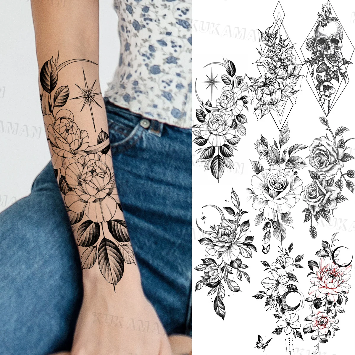 Временные татуировки для женщин 3D пионы цветы луна геометрические рисунки