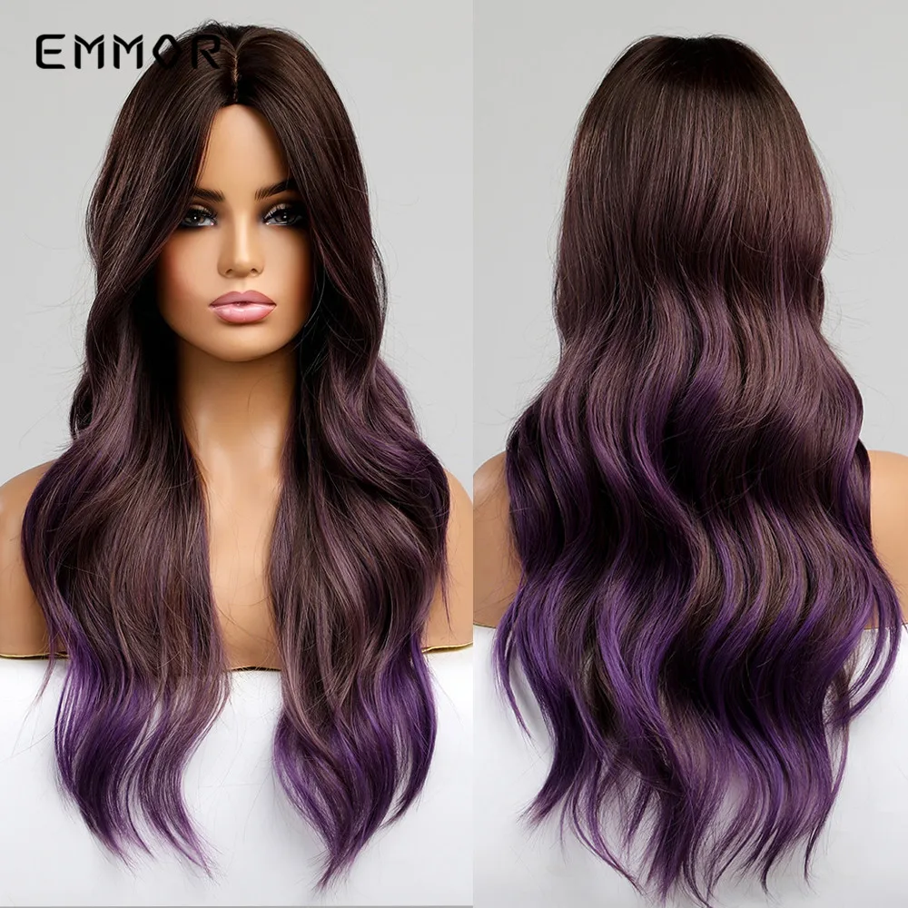 

Emmor Synthetic Long Wavy Hair Wig Ombre Dark Brown to Purple Wigs for Women Natural Part Heat Resistant Hair Cosplay Wigs